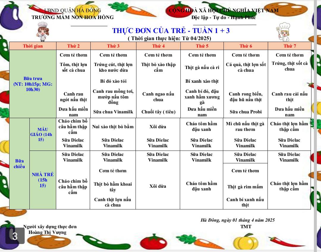 THỰC ĐƠN  THÁNG 4/2025 CỦA CÁC BÉ TRƯỜNG MN HOA HỒNG
