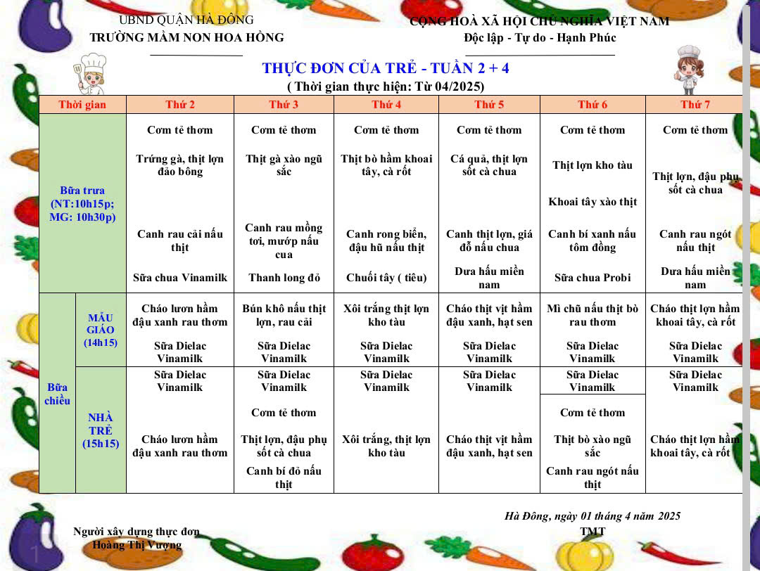 THỰC ĐƠN THÁNG 4/2025 TRƯỜNG MẦM NON HOA HỒNG